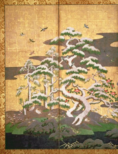 Vogels met herfst- en winterbloemen door Japanese School